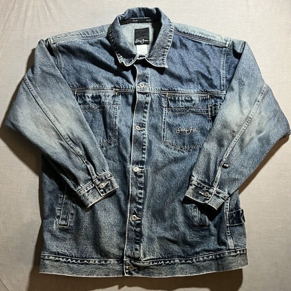 Vintage 90s Sean John Carpenter Denim Jacket Size XL Big Heavy Embroidered Rare.